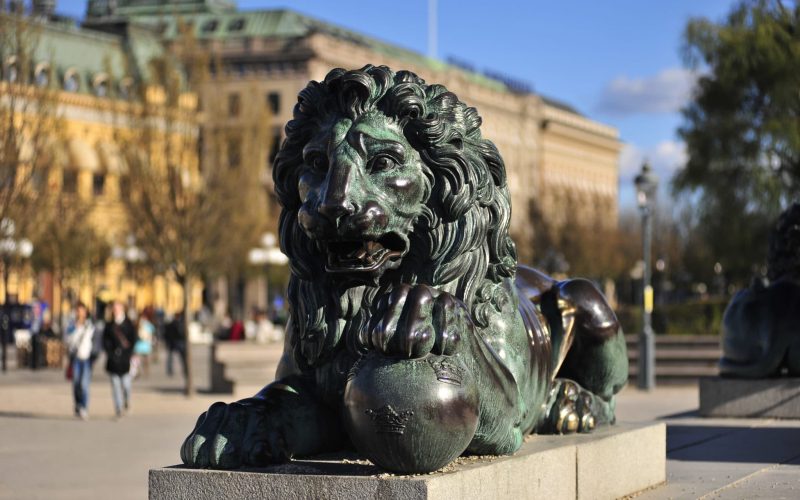 Lion statue outside.